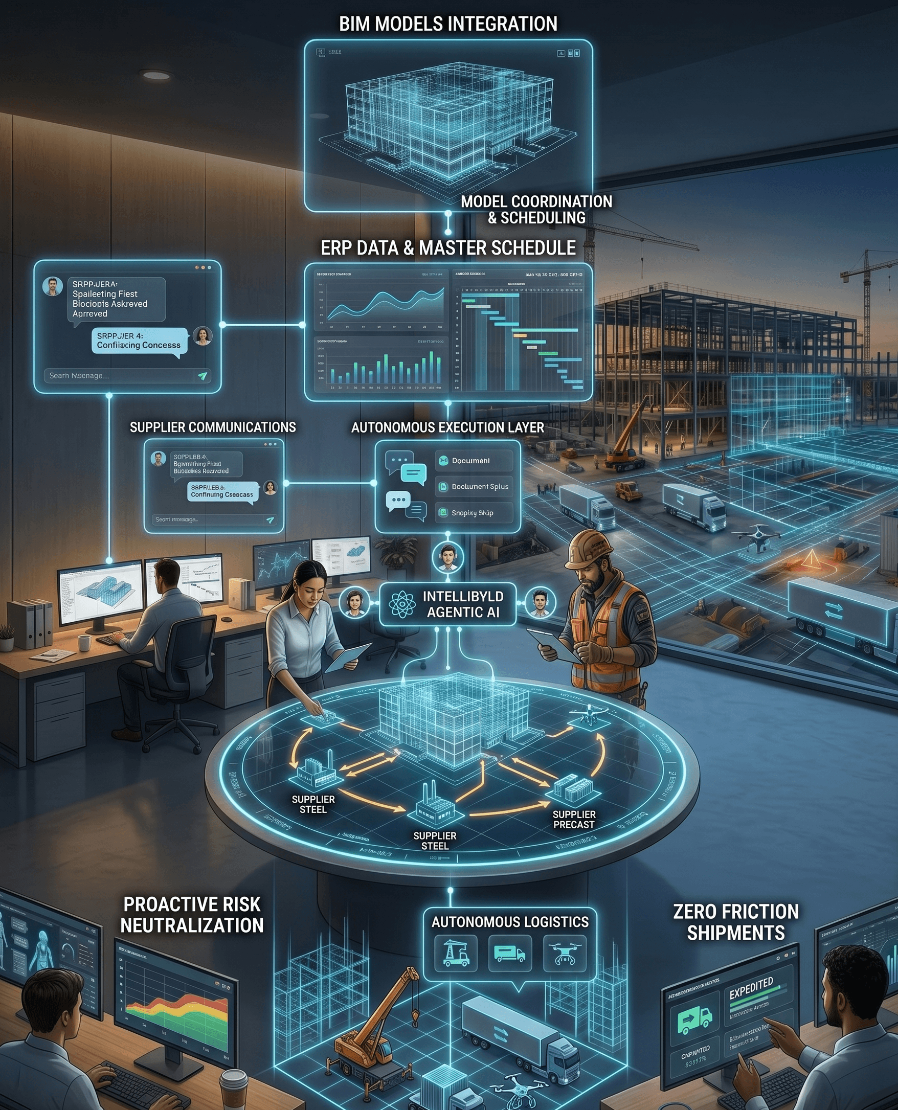 IntelliByld Agentic AI orchestrating BIM models, ERP data, and supplier communications across a construction project
