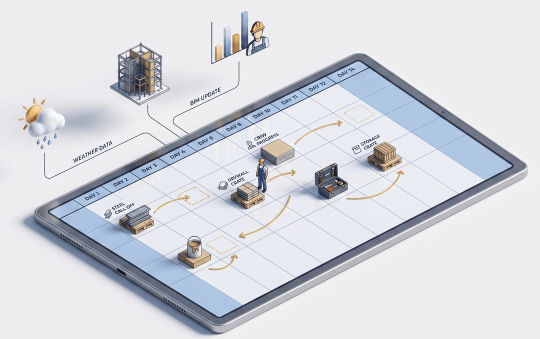 Predictive Scheduling Agent aligning material delivery dates with BIM models, weather forecasts, and crew availability